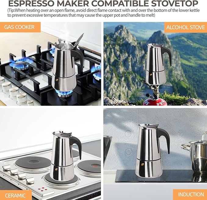 9 Cup 450ml Moka Pot Stainless Steel Espresso Coffee Maker Stovetop Coffeemaker Italian Classic Style Brewing Greca Cafe Mocha Machine for Cafeteras Lover Camping Travel and Home Use 15oz