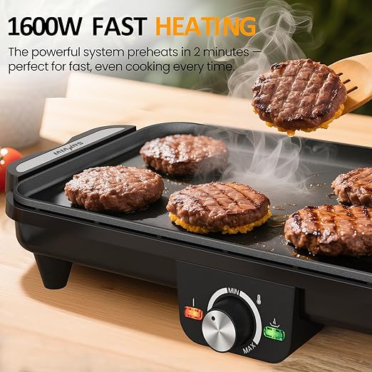 Electric Griddle Indoor, 1600W Large Flat Top Grill with 17.5" x 9" Nonstick Plates, 2 Cooking Zone with Adjustable Temp, Pancake Egg Maker with Drip Tray, Indicator Light
