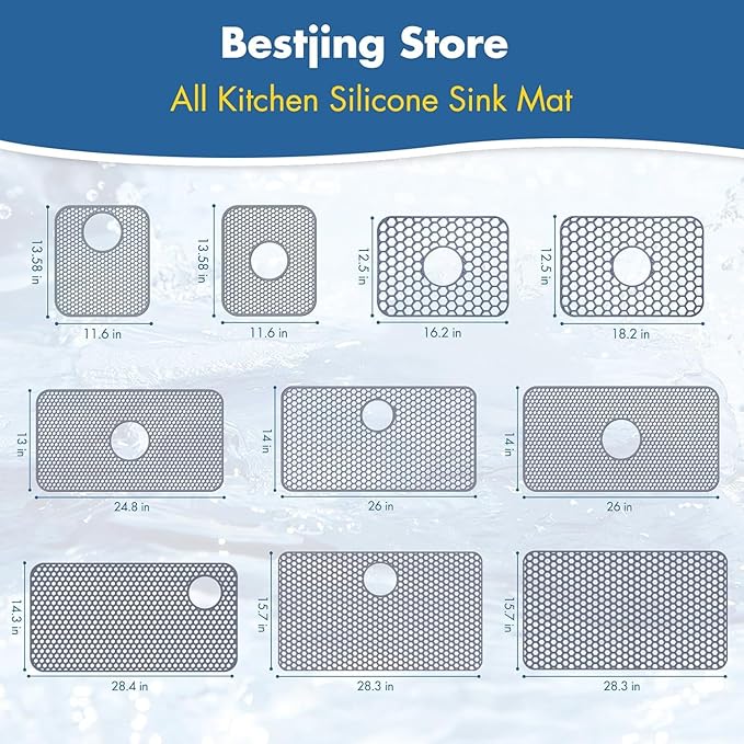 Bestjing Silicone Sink Protectors for Kitchen Sink with Center Drain - 12" x 11" Kitchen Grid Accessory, Non-Slip Heat-Resistant Mat for Bottom of Porcelain Stainless Steel, Dishwasher Safe
