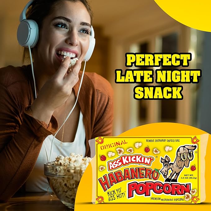 ASS KICKIN' Habanero Microwave Popcorn Bags - 3 Pack - Ultimate Spicy Popcorn Gourmet Gift - Makes a Great Movie Theater Popcorn or Snack Food for Movie Night