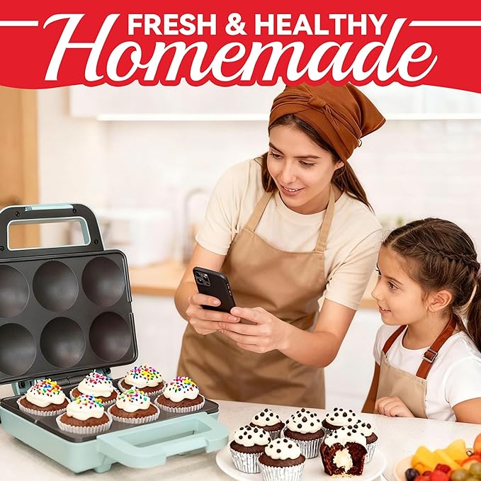 SugarWhisk 6-Count Cupcake Maker Machine, Bakes 6 X 2.5 Inch Cupcakes, Muffins, Pizza Cups, Cinnamon Buns, Cool-touch Handle, Non-stick Coating, Recipe Included, Aqua