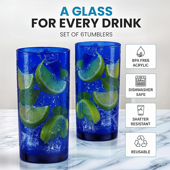 Zulay Kitchen Plastic Drinking Glasses (Set of 6) – 16oz Acrylic Shatterproof Water Cups for Home, Kitchen & Outdoors – Cobalt Blue Glass Look – BPA & Lead-Free – Top-Rack Dishwasher Safe