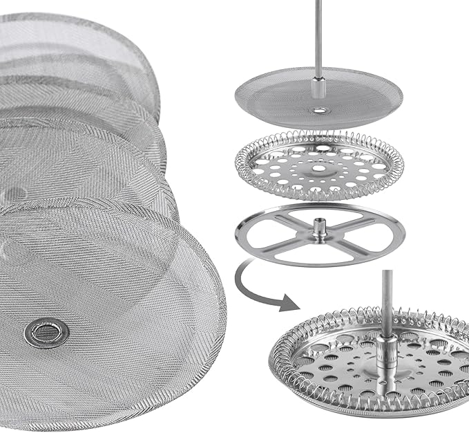 Sivaphe 6 Pieces French Press Replacement Filters Part, 3.15-4 Inch Cafetiere Coffee Maker Filter Stainless Steel, French Press Metal Mesh Screen for 1000 ml/ 34 oz/ 8 cup French Coffee and Tea Press