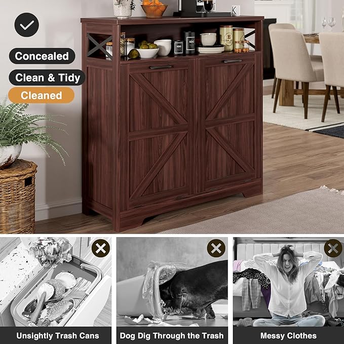 Befrases Double Tilt Out Trash Can Cabinet for 13 * 2 Gallon Garbage Can, Farmhouse Kitchen Garbage Trash Bin for Hidden Laundry Basket, Dual Dog Proof Recycling Cabinet for Living Room, Dark Brown