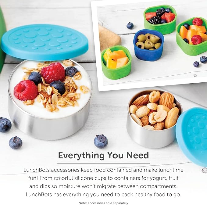 LunchBots Large Trio Stainless Steel Lunch Container -Three Section Design for Sandwich and Two Sides - Metal Bento Lunch Box - Eco-Friendly - Stainless Lid - Green Dots