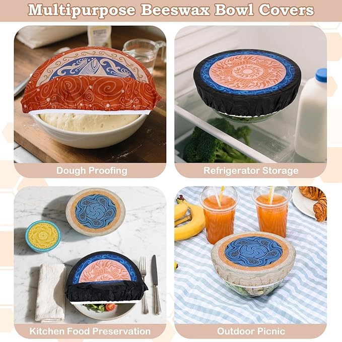 5-Size Reusable Beeswax Bowl Covers for Bread Proofing, Cotton Cloth Flexible Beeswax Wraps for Food Storage(Concentric Circle)