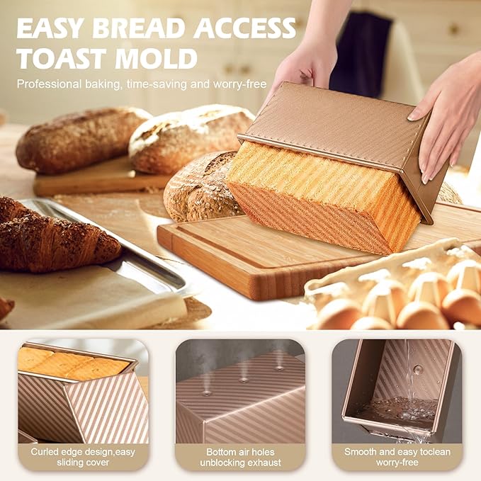 2Pack Large Bread Pan with Lids – 2.2LB Dough Capacity, Non-Stick Carbon Steel Bread Pans for Homemade Sandwich and Sourdough Bread, Corrugated Toast Mold(Gold)