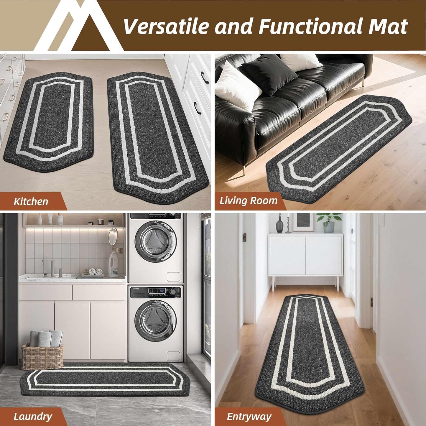 COSY HOMEER Kitchen Rugs and Mats Sets of 2PCS Non Slip Kitchen Mats for Floor Washable Kitchen Runner Stain Resistant Standing Mat for Kitchen,Sink,24"x48"+24"x59",Black