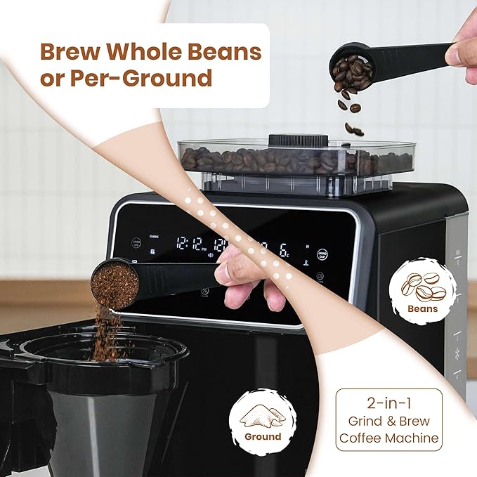 Gevi 10 Cup Drip Coffee Maker with Built-in Grinder, Grind ＆ Brew Burr Combo Coffee Machine with Touch Screen, Programmable, 4-Hour Warm Plate, Permanent Filter, Coffee Carafe