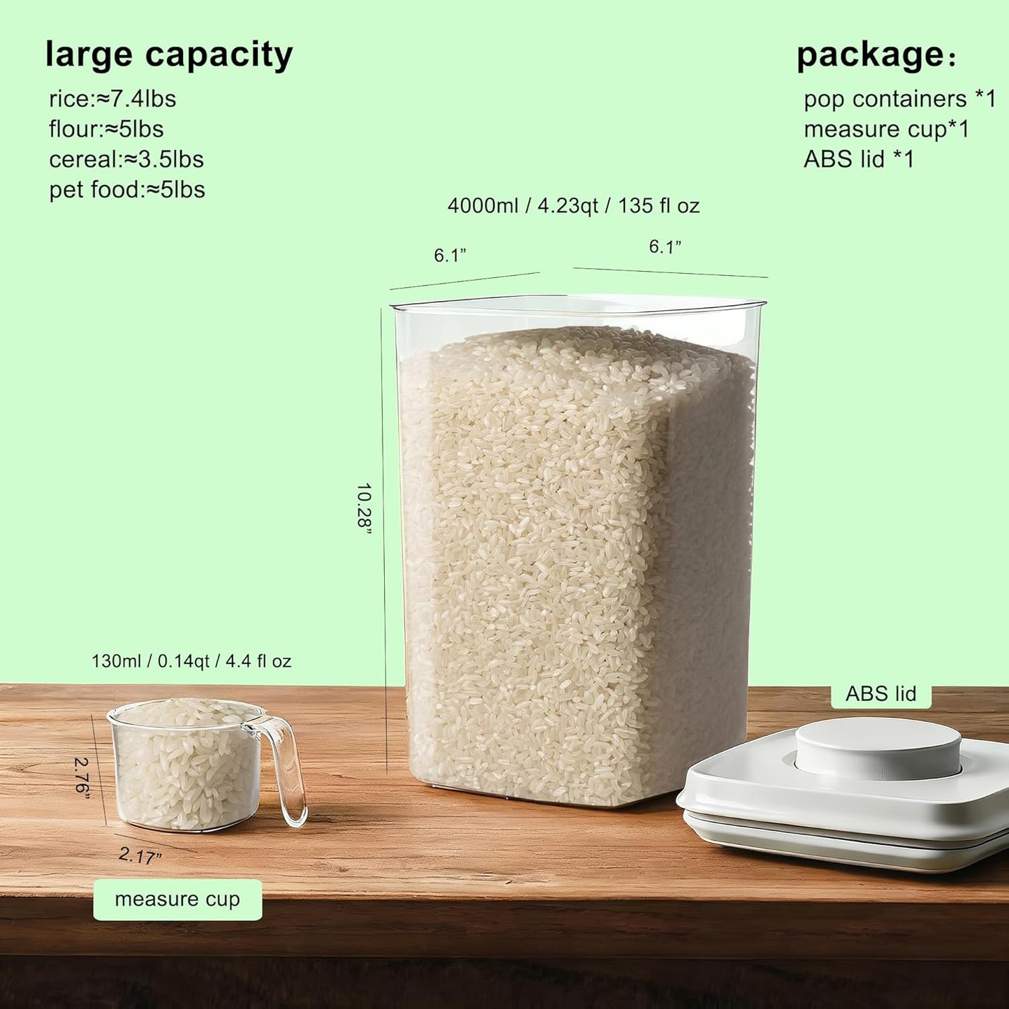 Pop Containers with Lids - Stackable Airtight Food Storage, Kitchen Pantry Storage Containers for Snacks Candy Salt Herbs Spices BPA-Free (4000ml / 4.2qt *1)