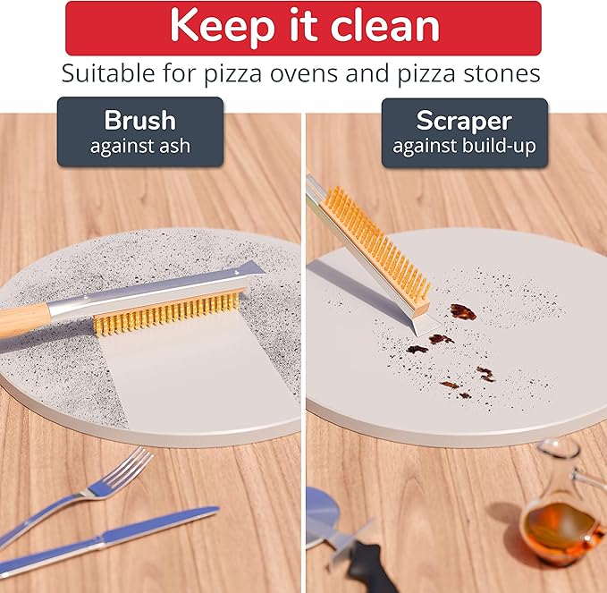Senwosa 26” Pizza Oven Brush with Stone Scraper - Heat Resistant Stainless Steel Bristles, Extra Long Handle - Compatible with Ooni, Gozney & Similar Ovens - Includes Spare Head