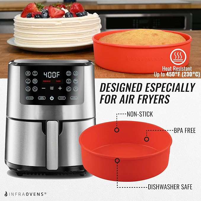 Air Fryer Silicone Baking Set, 6.7” Cake Pan, Muffin Cups, Scraper & Cheat Sheet – Non-Stick, BPA-Free Bakeware for Instant Vortex, Cosori, Ninja, Chefman & More by INFRAOVENS