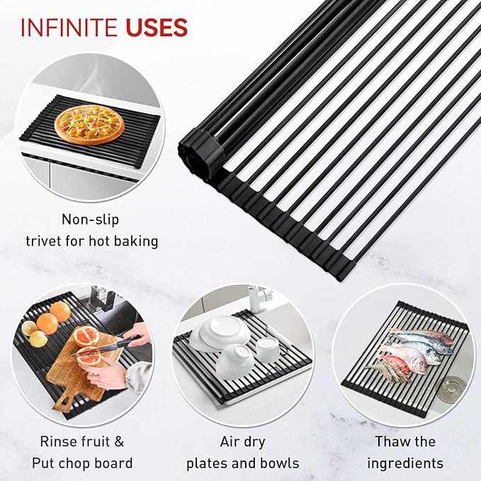 MERRYBOX Roll Up Over The Sink Dish Drying Rack Silicone Wrapped Foldable, Heat-Resistant, Anti-Slip Sink Rack Multipurpose Dish Drainer for Kitchen Sink Counter - Black, 17.5" x 11"
