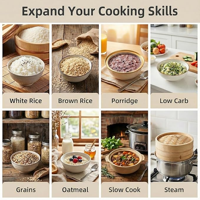 OCTAVO Low Carb Rice Cooker, 5-Cup Uncooked Stainless Steel Inner Pot, Low Sugar Rice Maker with 24H Timer and Auto Keep Warm, Small Rice Maker LED Display, White Rice/Brown Rice/Grains/Oatmeal, Bead-blasted