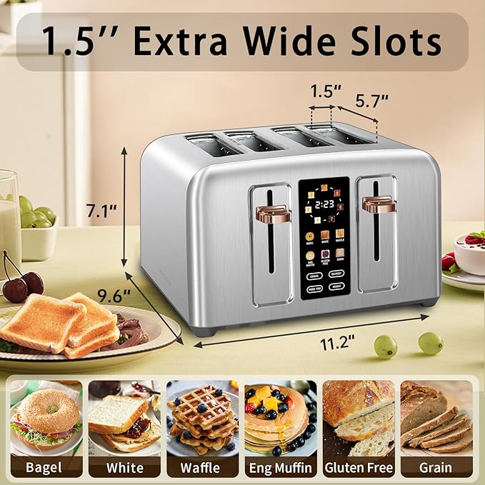 SEEDEEM Toaster 4 Slice, Stainless Toaster & Touch Control, LCD Display, 6 Bread Type, 7 Shade Settings, 1.5'' Wide Slots, Cancel/Defrost/Reheat, Removable Crumb Tray, 1800W, Silver Metallic