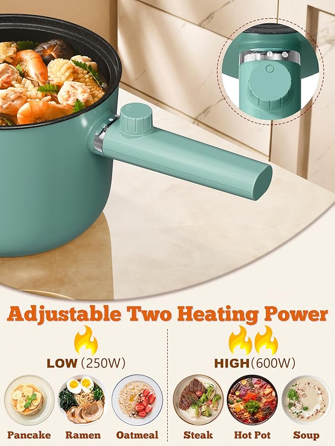 Topwit Hot Pot Electric with Steamer, 1.5L Ramen Cooker, Non-Stick Sauté Pan, Portable Cooking Pot, Electric Cooker with Dual Power Control, BPA Free, Over-Heating & Boil Dry Protection, Green