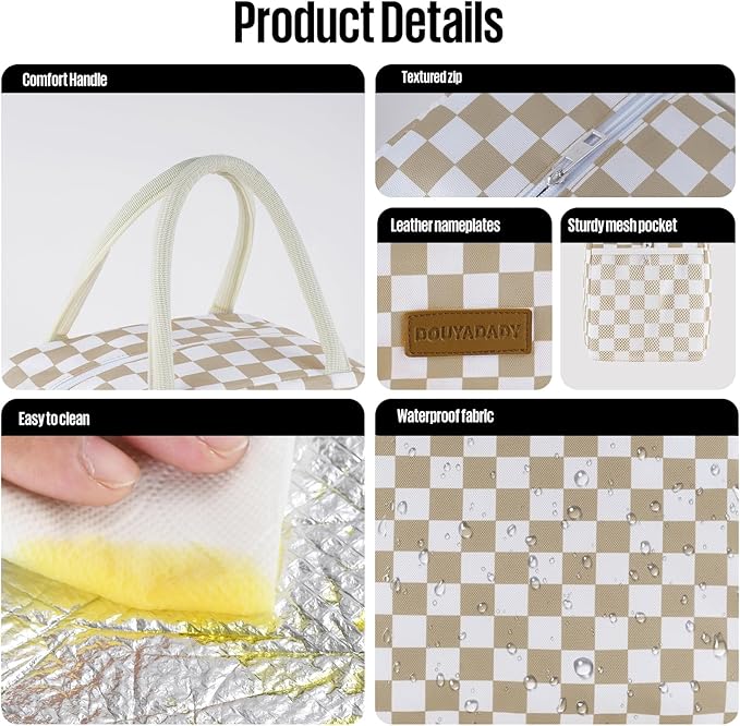 douyadady Lunch Bag Women/Men Lunch Box Women/Men (Khaki+White Checkerboard)