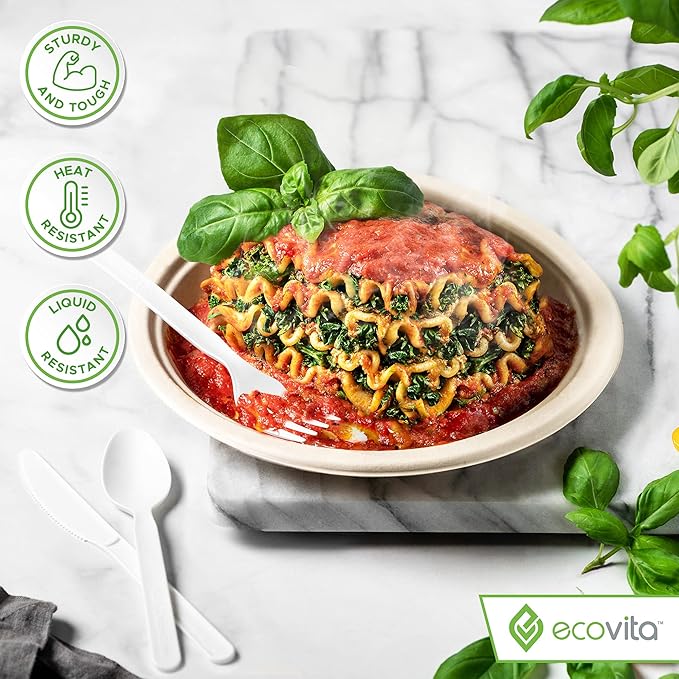 Ecovita 100% Compostable Knives - 500 Large Disposable Utensils (7 in.) Bulk Size Eco Friendly Durable and Heat Resistant Alternative to Plastic Knives with Convenient Tray