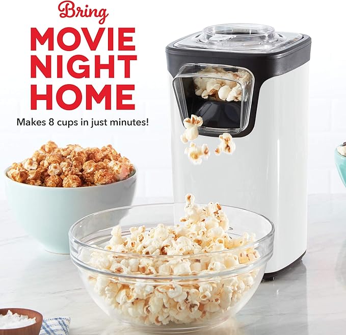 Dash Turbo Pop Popcorn Maker - Theater-Style Popcorn Machine - Comes with Measuring Cup & Butter-Melting Tray - Convenient, Space-Saving Design - 8 Cups, White