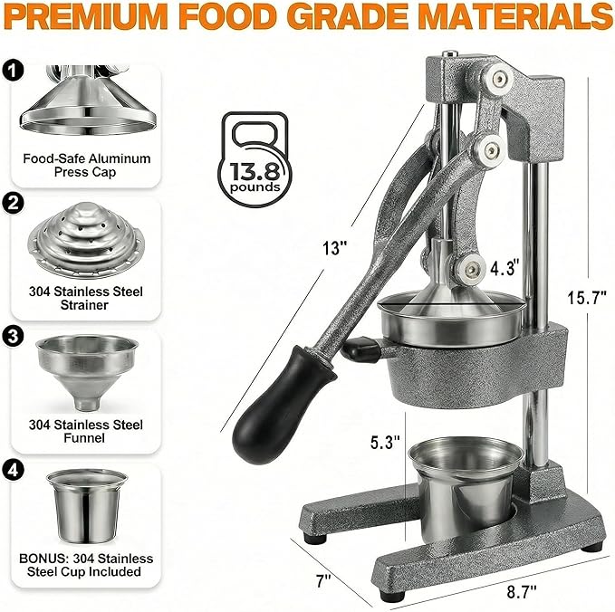 Cast Iron Citrus Juicer - 13.8LB Heavy Duty Manual Orange Press, 304 Stainless Steel Cup & Strainer, Professional Lemon Grapefruit Pomegranate Squeezer for Home Bar Kitchen, Grey