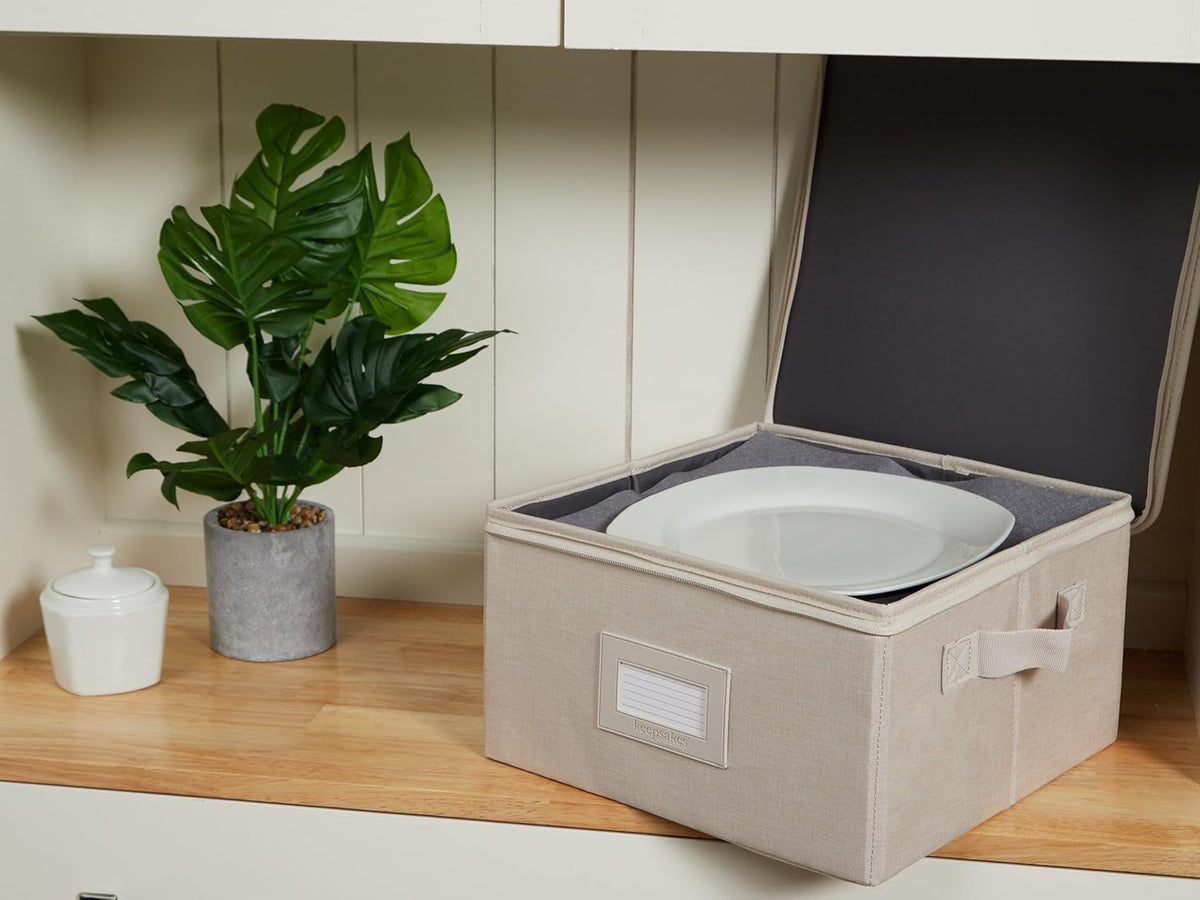 Covermates Keepsakes Dish Storage Box - Stackable, Reinforced Handles, China Storage, Beige Heather