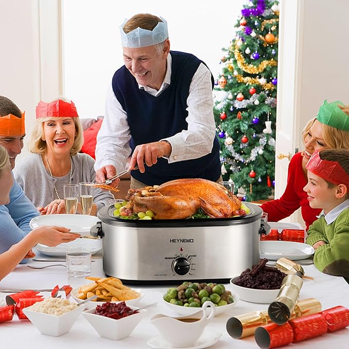 Roaster Oven 22Qt, Turkey Electric Roaster Oven Buffet with Self-Basting Lid, Removable Pan, Cool-Touch Handles, Stainless Steel, Silver