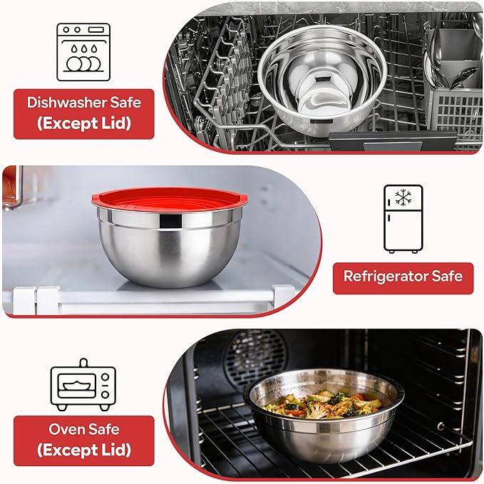 E-far Mixing Bowls With Lids Sets of 5, 10-Piece Stainless Steel Salad Metal Nesting Bowl for Baking Cooking and Prepping, Airtight Lid & Stackable Design, Size 4.6, 3, 2.1, 1.5, 0.7 QT, Red