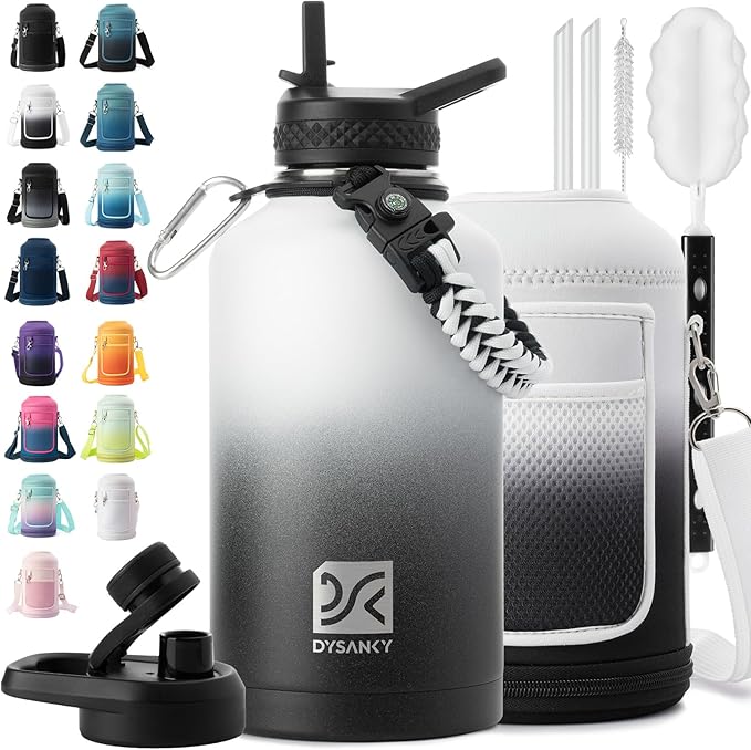 DYSANKY Insulated Water Bottle | Thickened Stainless Steel Vacuum Metal | Portable Sports Half Gallon Large Water Jug for Gym and Hiking with Straw, Carrier Bag, Handle Strap | BPA-Free 64 oz