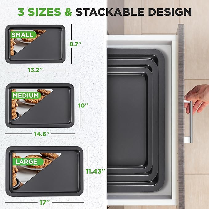 NutriChef 3-Piece Nonstick Baking Sheet Set – Non-Toxic Cookie Sheets for Everyday Baking – Small, Medium & Large Oven Safe Bakeware Trays – Warp-Resistant, Easy to Clean & Dishwasher Safe
