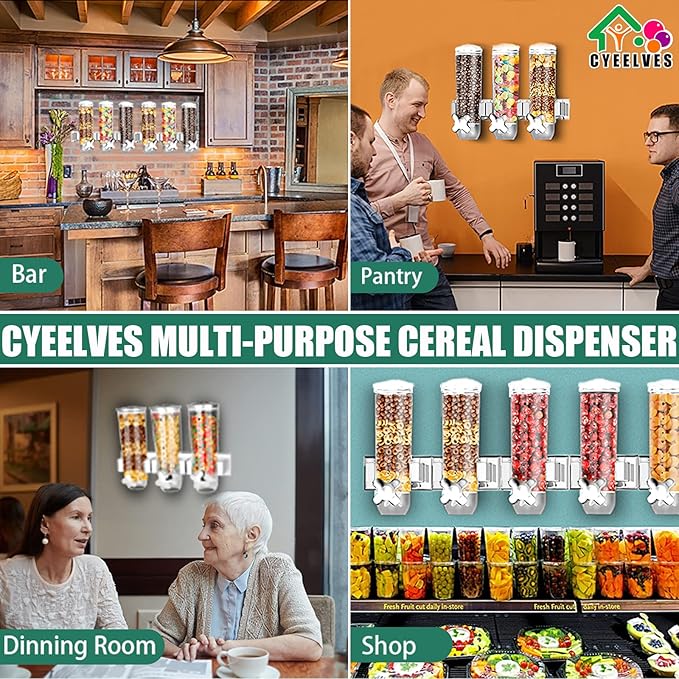 Food Dispenser Wall Mounted Grain Dispenser, Cereal Dispenser with Cup, Dry Food Dispenser Wall Mounted Triple Cereal Dispenser, Candy Dispenser Grain Dispenser for Kitchen Store Nut Coffee Beans 4.5L