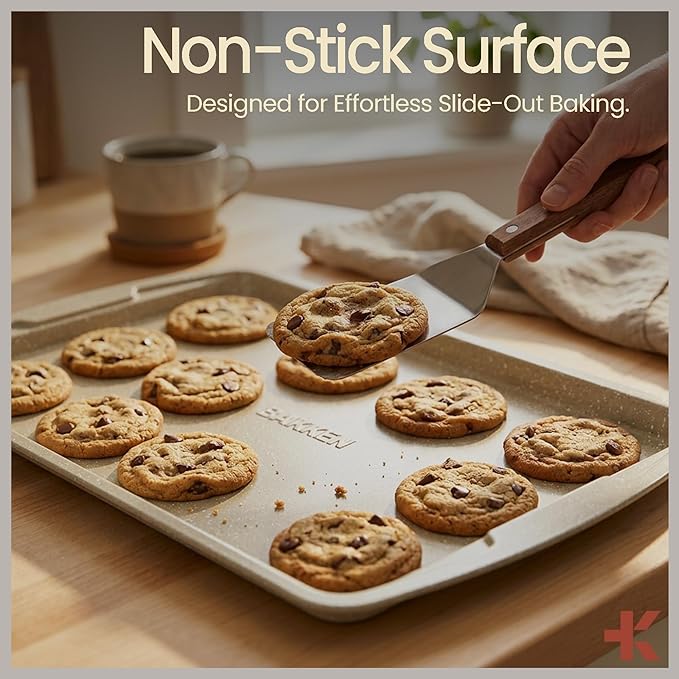 Bakken Swiss Cookie Sheet 3 Piece Set - Non-Stick, Stackable Baking Pans, White marble Deluxe Ceramic Coating – Dishwasher Safe - for Home Baking