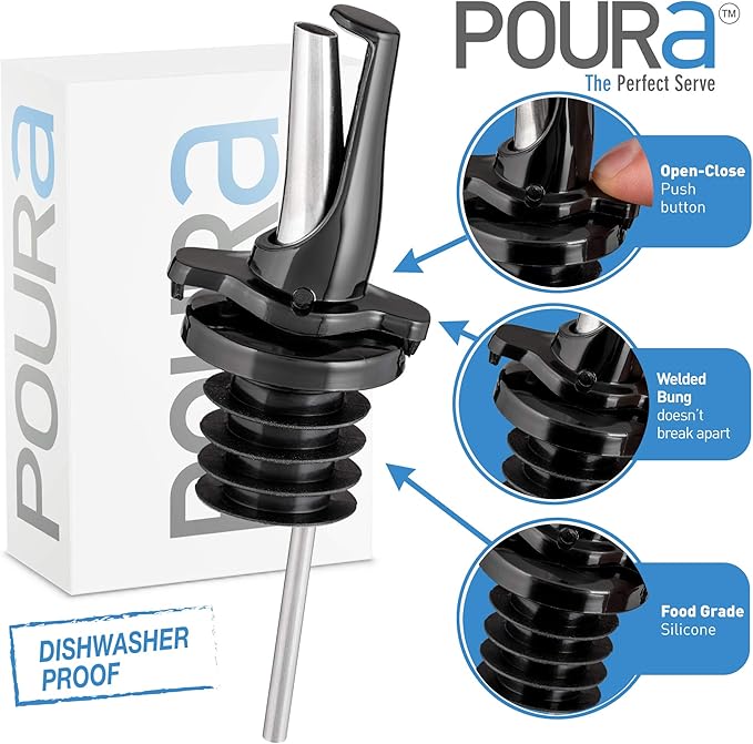 Poura 8 Liquor Pour Spouts (Black) with Built-in Caps for Optimal Fly & Dust Protection - Dishwasher Safe, Hygienic Spouts - with 6 Adapters for Large Neck Bottles
