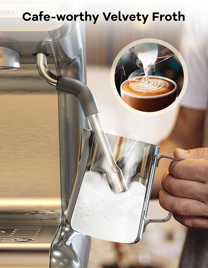 GarveeHome Espresso Machine With Grinder, 20 Bar Semi-Automatic Espresso Coffee Maker With Milk Frother Steamer Wand Cappuccino Latte Macchiato, 95 oz Water Tank, Pid Temperature Control-Light Gray