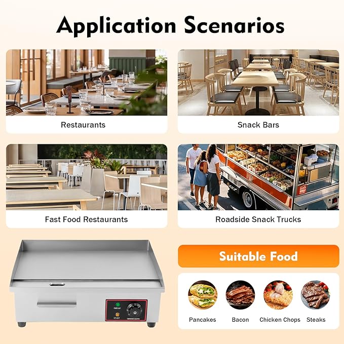 22 Inch Commercial Electric Griddle Flat Top, 110V 1.6KW Grill Hot Plate BBQ Countertop, Stainless Steel Electric Table Stove Fry Pan Adjustable Suitable For Kitchen, Steak Restaurants