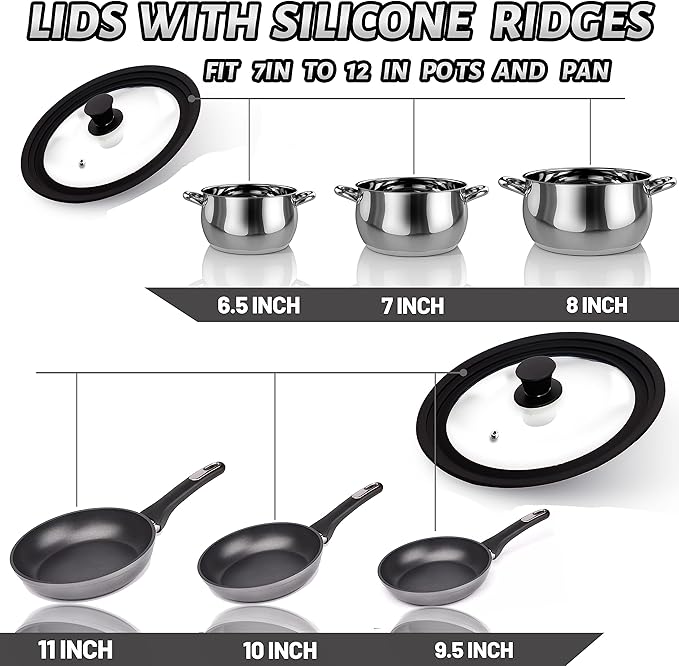 Lerykin Tempered Glass Lid Set of 2 - Universal Lids with Heat Resistant Silicone Rim for Pots, Pans and Skillets - Pan Cover Replacement Lids Fit 6.5", 7", 8" and 9.5", 10", 11" Diameter Cookware