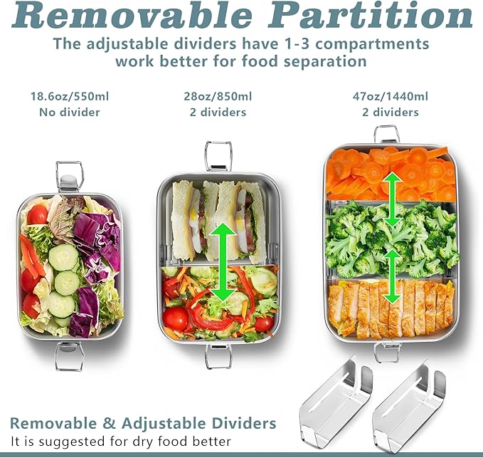 TeamFar Stainless Steel Bento Box, 3 Pack (16, 28 & 47oz) Metal Lunch Box with 3 Compartments for Adults Kids, Lunch Food Containers for School/Work/Meal Prep, Leak-Proof, 550ML+850ml+1400ML
