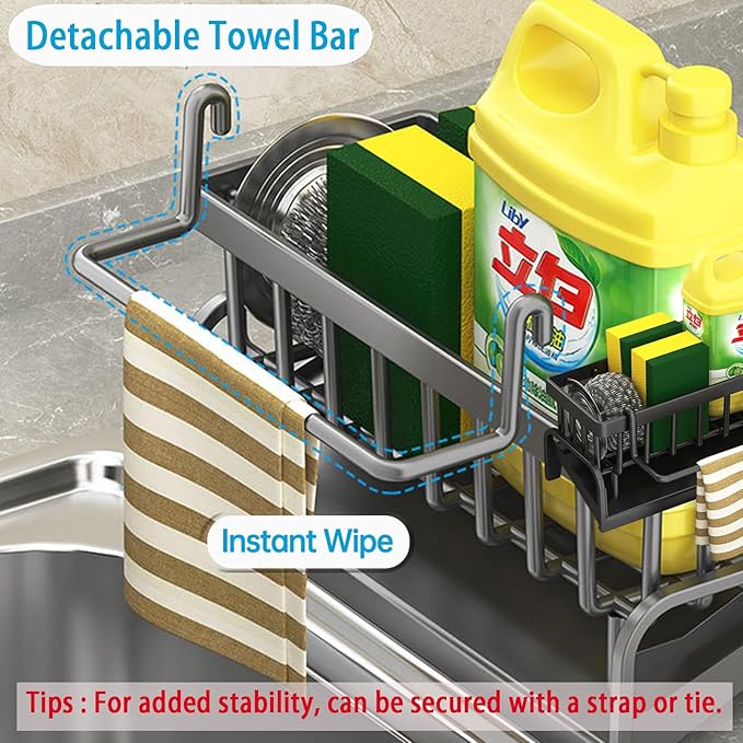 Sponge Holder for Kitchen Sink Sponge Holder,Sponge Caddy for Kitchen Sink Organizer with Auto Drain Tray (Carbon Steel)