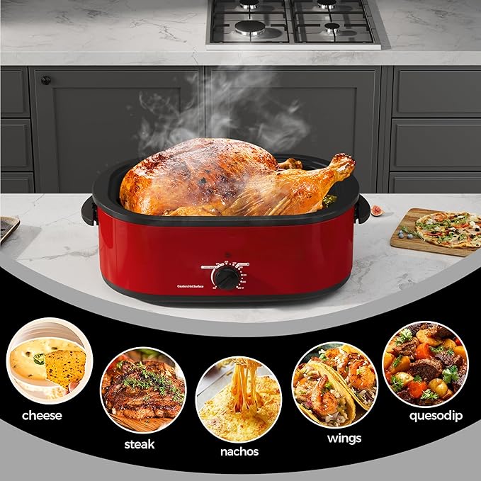 20 Quart Electric Roaster Oven with Self-basting Lid, Turkey Roaster Oven with Removable Pan and Rack, RED