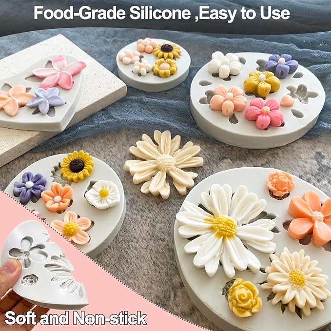 5Pcs Flower Molds Silicone Chocolate Mold Daisy Flower Fondant Polymer Clay Resin Mold Soap Ice Cube Jello Molds for Baking and Cake Cupcake Decorating