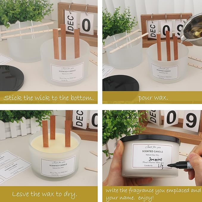 MILIVIXAY 6 Pack 24 oz Candle Jars with Metal Lids and Candle Making Kits - 3 Wick Candle Jar,Bulk Empty Frosted White Thick Glass Jars for Making Large Candles - Spice, Powder Containers