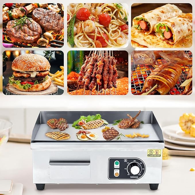 Takywep 18 Inch Electric Griddle, 1600W Electric Countertop Griddle, Non-Stick Restaurant 110V Teppanyaki Flat Top Grill Stainless Steel Adjustable Temperature Control 122°F-572°F (with PLUG)