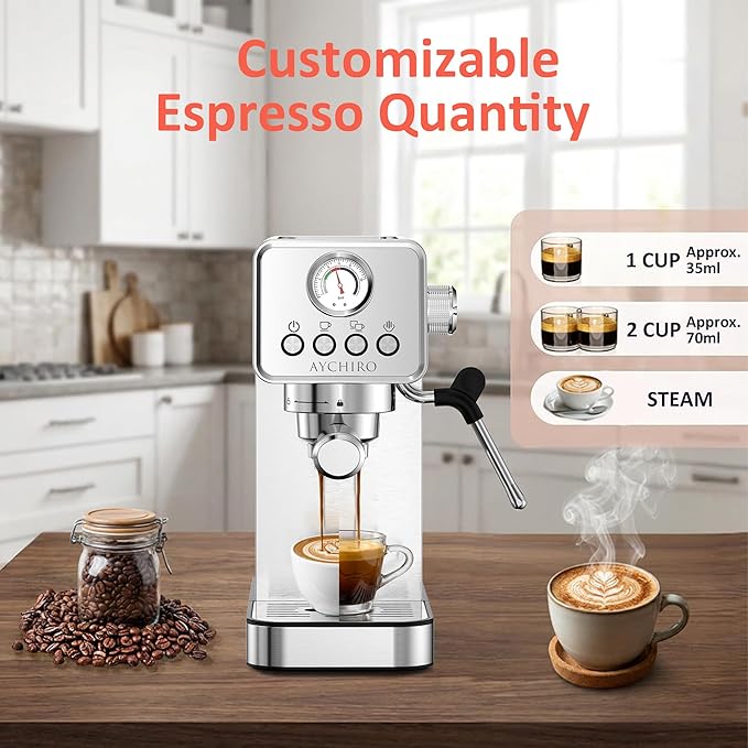 AYCHIRO 20 Bar Semi-Automatic Espresso Machine, Adjustable Espresso Machine with Pressure Gauge, Compact Espresso Maker with Steam Wand, Cup Warmer for Home & Office