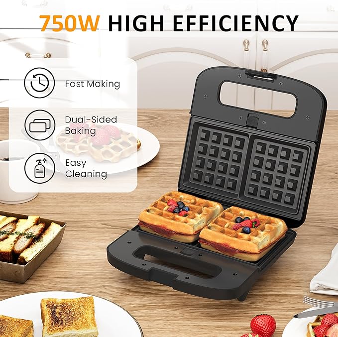 3 in 1 Waffle, Grill & Sandwich Maker, Sandwich Maker Panini Press Waffle Iron Set with Removable Non-Stick Plates & Indicator Lights, Panini Press Grill for Breakfast, 800W, Black