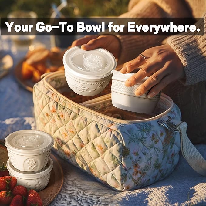 Artena Ramekins with Lids, Creme Brulee Ramekins Oven Safe, Ceramic Pudding Cups, Souffle Cups, Custard Cups, Dipping Sauce Cups, Food Storage Containers with Lids, Set of 4 (Multiple Patterns, 4 oz)