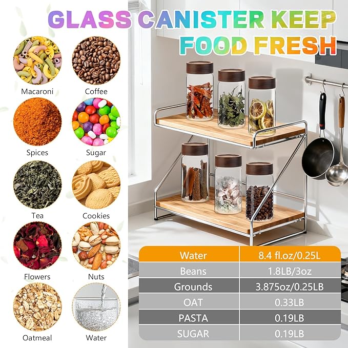 8oz Airtight Glass Jars Small Spice Storage Canister with Wooden Lid Clear Glass Food Container Canning Jar for Cookies Overnight Oats Yogurt Pantry Sugar Tea Coffee Bath Salts (6×250ml(8.4oz))