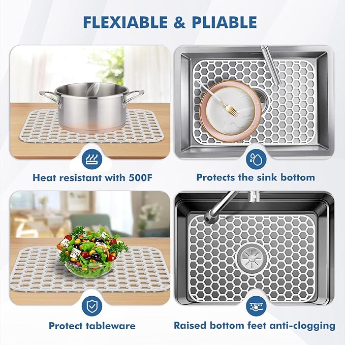 Bestjing Silicone Sink Protectors for Kitchen Sink with Center Drain - 18.2"x12.5" Kitchen Protector Accessory, Non-Slip Heat Resistant Mat for Bottom of Porcelain Stainless Steel (White)