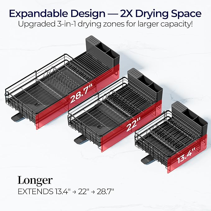Large Dish Drying Rack, Expandable Dish Rack for Kitchen Counter, Dish Drainer with Drainboard Set, Multifunctional Dishrack with Utensil & Cup Holder, 13.4"-28.7" L x 11.8" W x 7.8" H, Black
