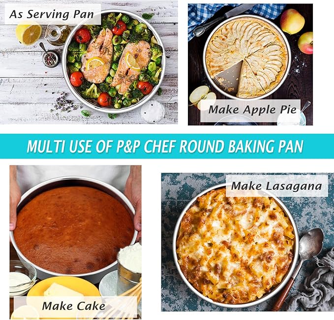P&P CHEF 9.5 Inch Cake Pan Set of 2, Stainless Steel Round Baking Layer Cake Pans, Non Toxic & Healthy, Leak-proof & Easy Clean, Mirror Finish & Easy Releasing, Oven & Dishwasher Safe