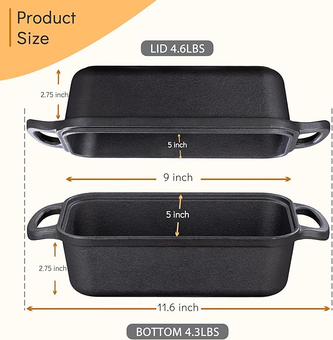 GRMImosa 2 in 1 Cast Iron Bread Loaf Pan with Lid, Loaf Pans for Baking Bread 9x5 Inch, Even Heat Distribution for Meatloaf, Homemade Bread