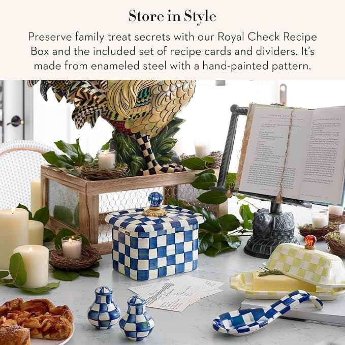 MACKENZIE-CHILDS Enamel Recipe Box, Index Card Box with Lid, Includes 40 Recipe Cards, Blue-and-White Royal Check